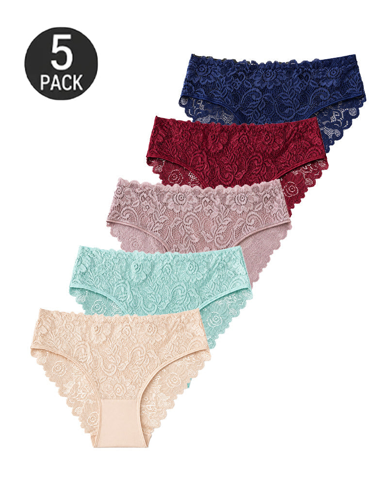 5-Pack Lace Openwork Cotton Crotch High Elastic Panties