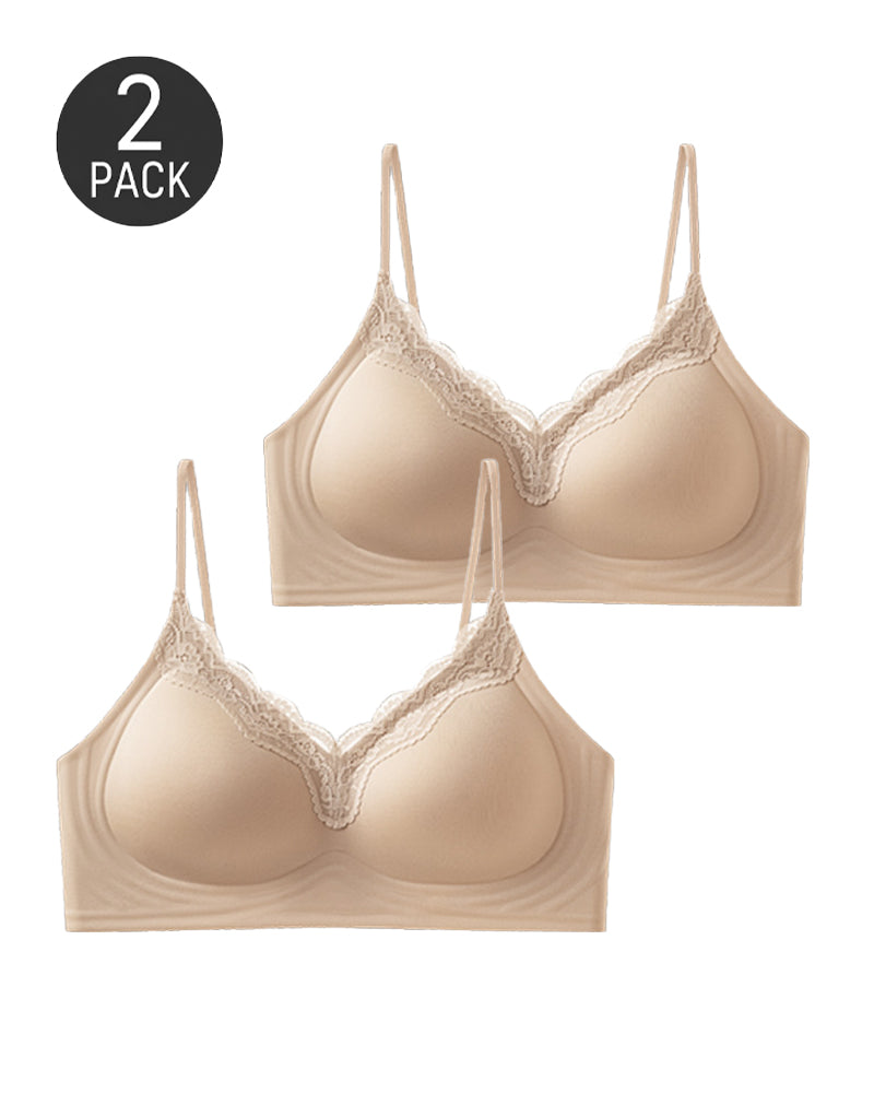 2-Pack Deep V Seamless Lace Trim Wire-Free Push-Up Bra