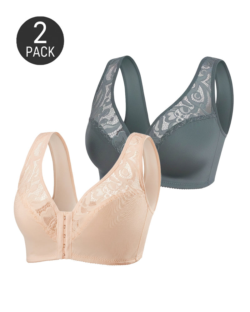 2-Pack Deep V Front Closure Lace Trim Vest Bra
