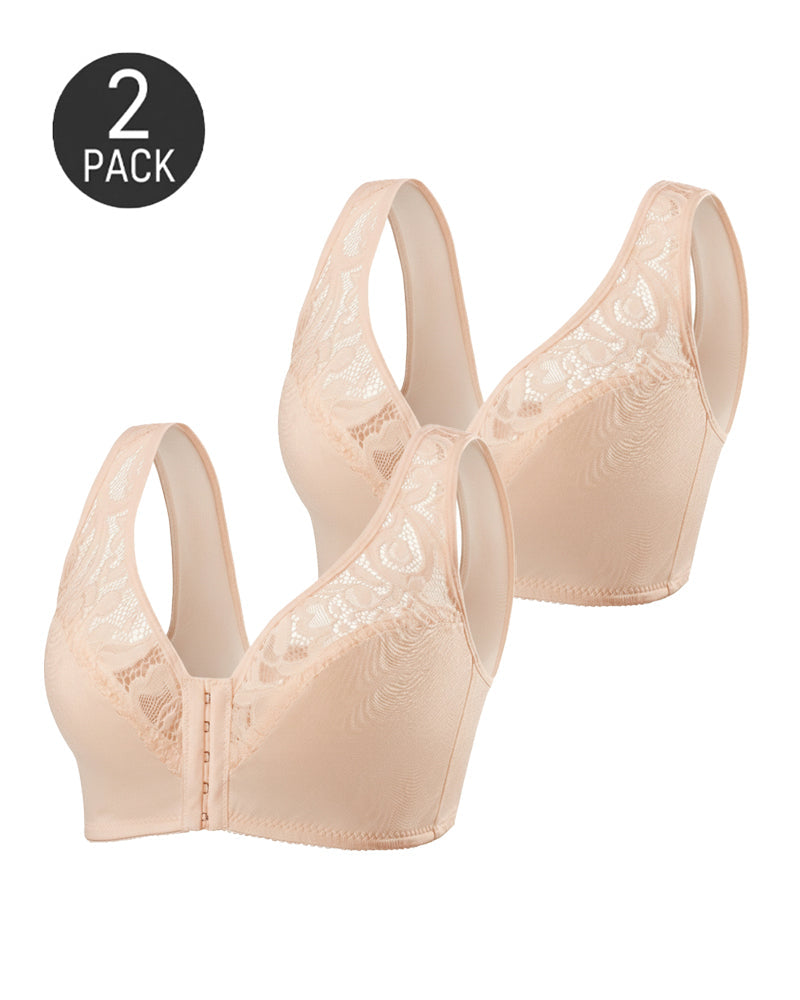 2-Pack Deep V Front Closure Lace Trim Vest Bra