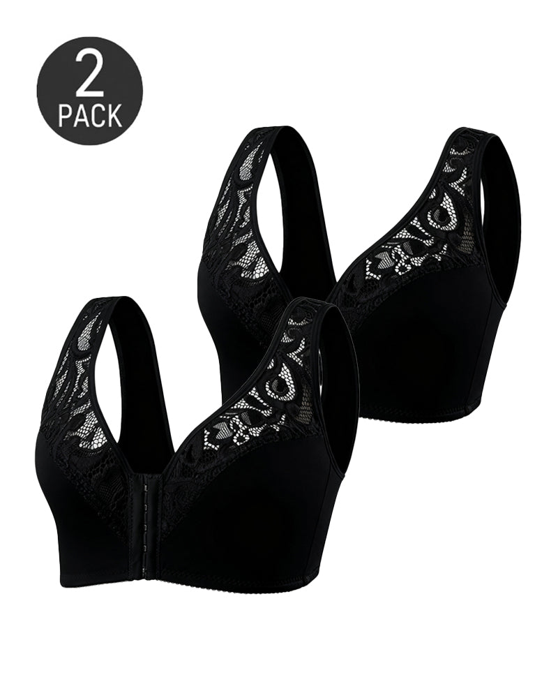 2-Pack Deep V Front Closure Lace Trim Vest Bra