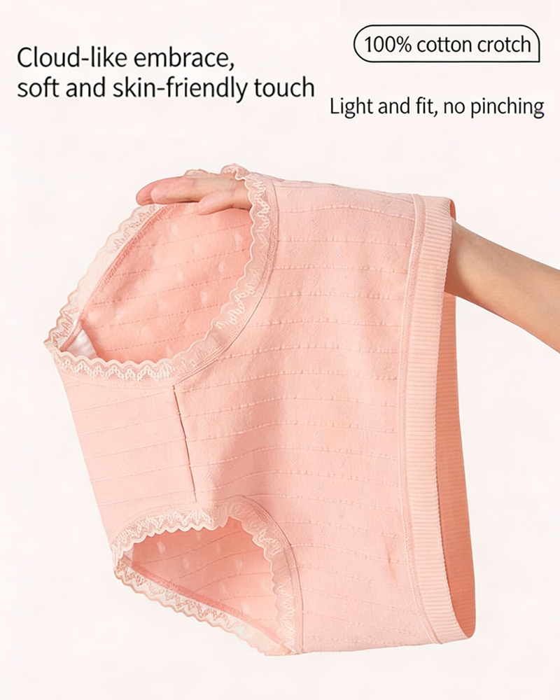 Multi-Pack Women's Mid-Waist Lace Striped Heart Antibacterial Cotton Panties