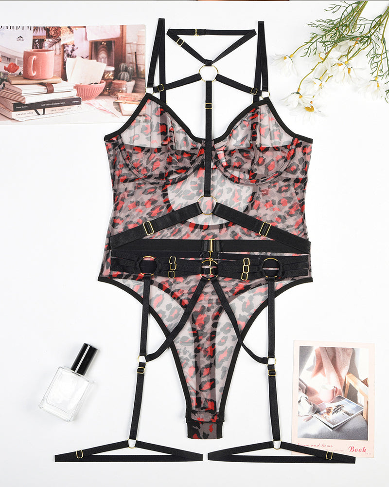 Leopard Print See-Through Mesh Bondage Underwire Bodysuit