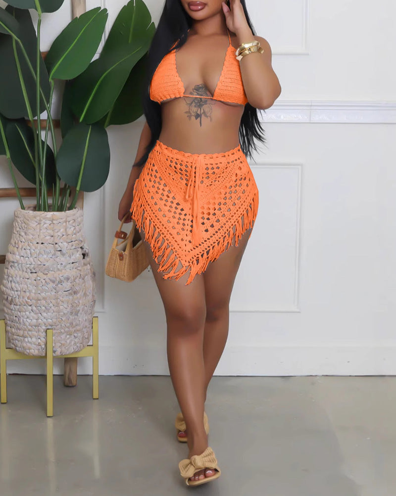 Hand-Crocheted Hollow Tassel Short Skirt Two-Piece Set