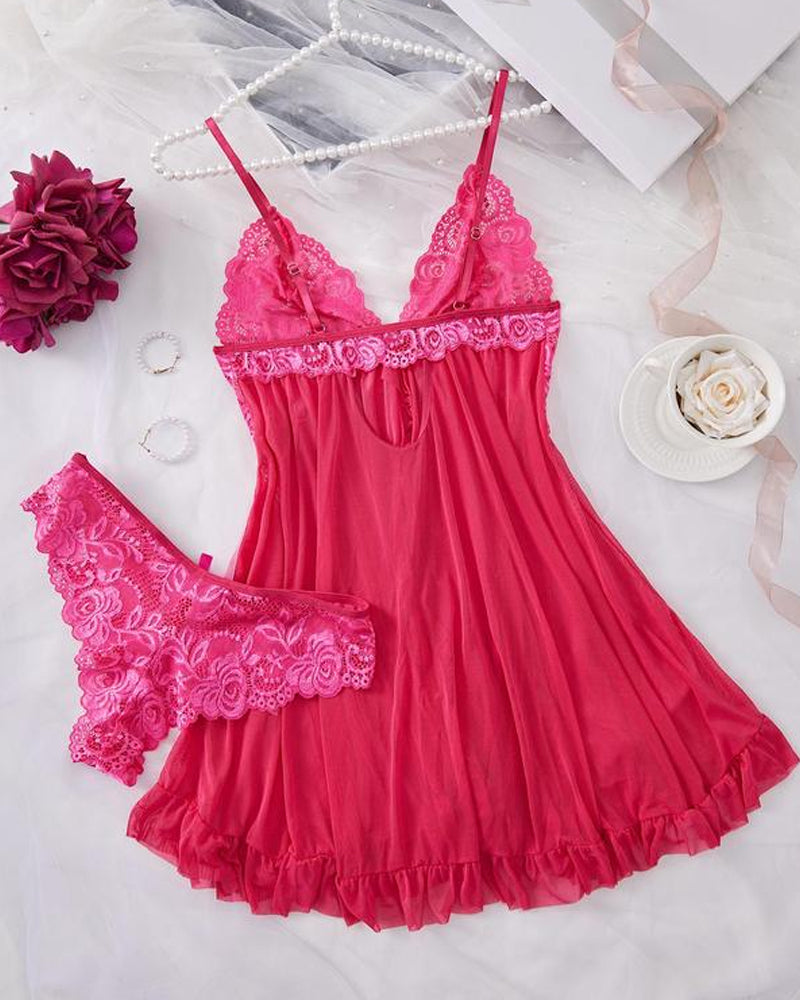 Women's Lace Ruffle Suspender Nightdress and Panty Set
