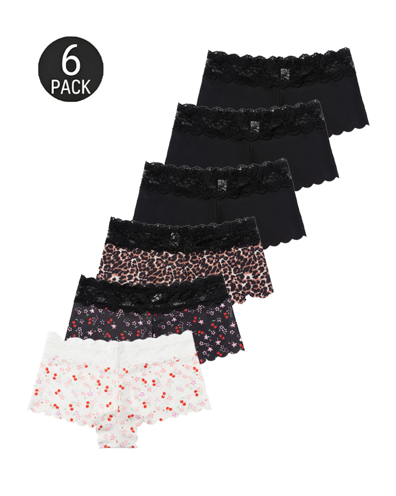 Six-Pack Seamless Ice Silk Lace Trim Print Boxer Briefs