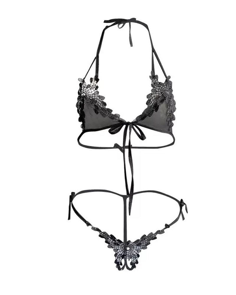 Deep V Halter Neck Lace See-through Open Crotch Lingerie Set