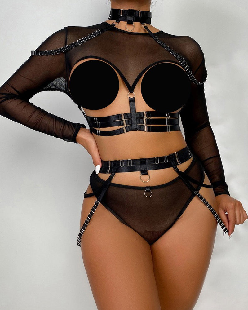 Strappy Halter Neck Corset Mesh Long-sleeved Lingerie Set