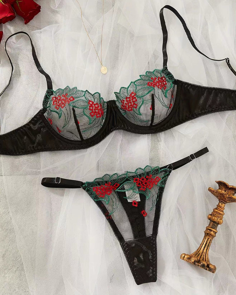 Colorblock Flower Embroidered Underwire Mesh Bra Set