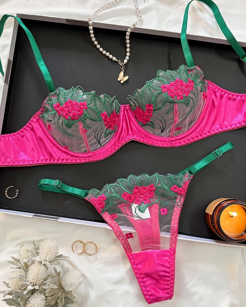 Colorblock Flower Embroidered Underwire Mesh Bra Set