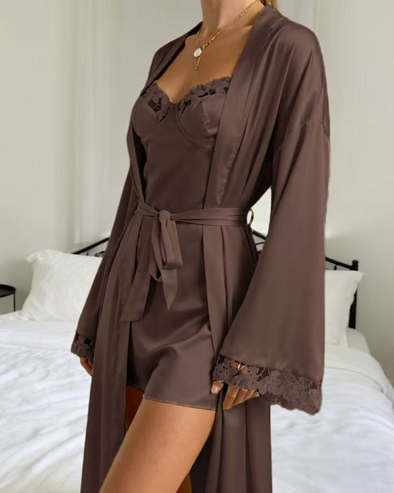 Comfortable Homewear Lace-trimmed Silk Camisole Nightgown and Long-sleeved Robe Set