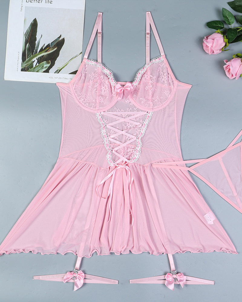 Lace Mesh See-Through Straps Cross Bow Mesh Ruffled Nightdress