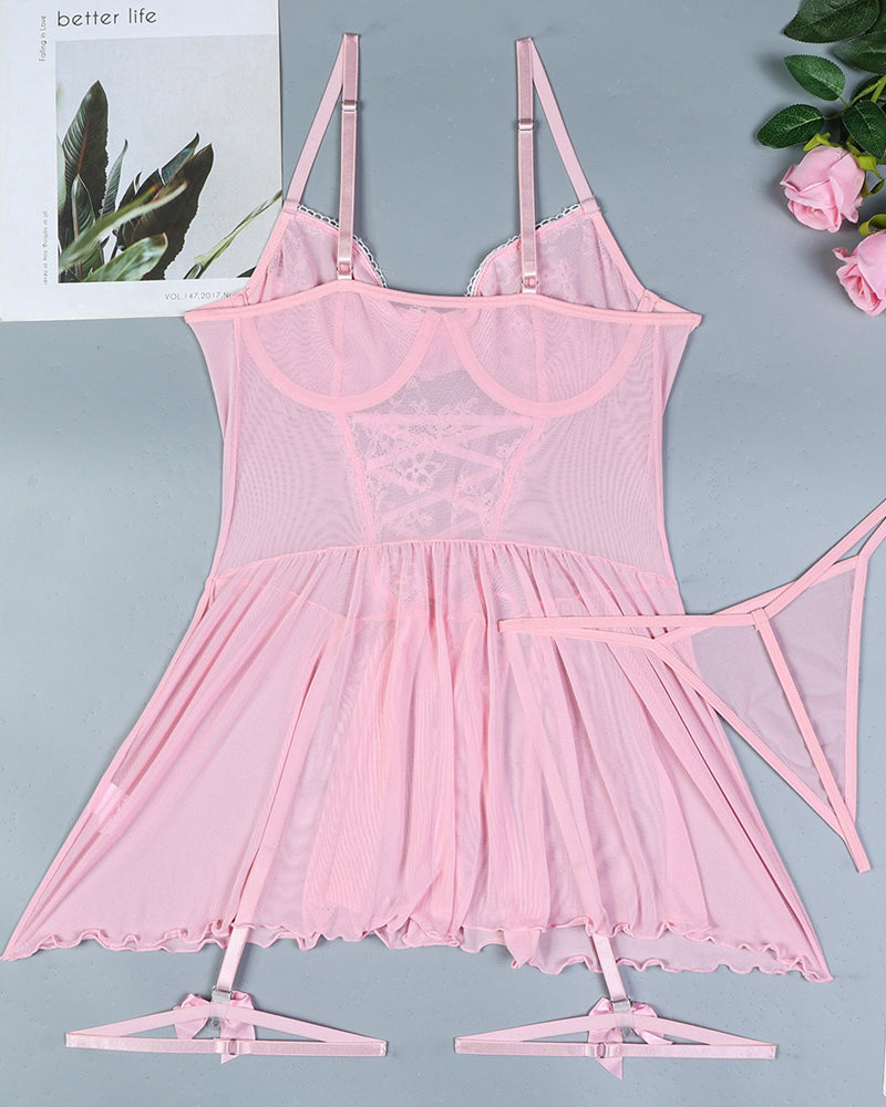 Lace Mesh See-Through Straps Cross Bow Mesh Ruffled Nightdress