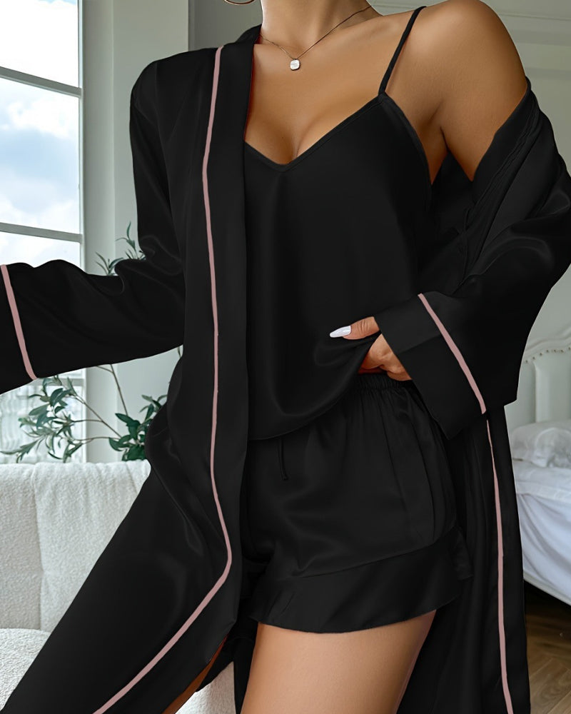 Ice Silk Camisole Shorts Robe Three-piece Loungewear Set