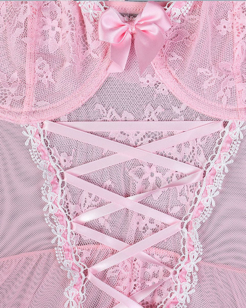 Lace Mesh See-Through Straps Cross Bow Mesh Ruffled Nightdress