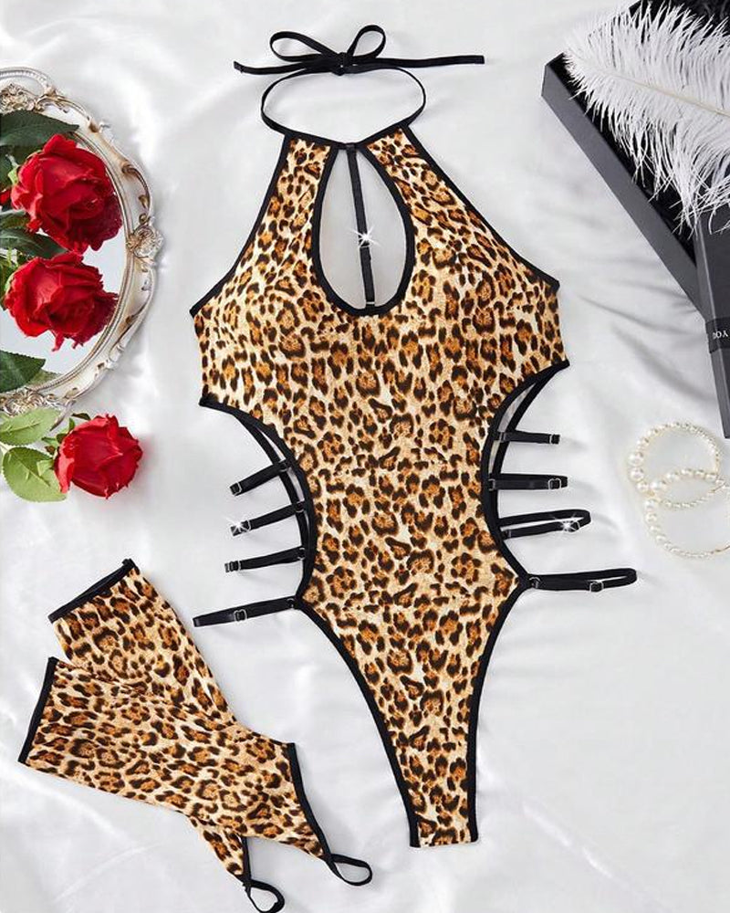 Leopard Print Halter Neck Cutout Bodysuit Nightgowns