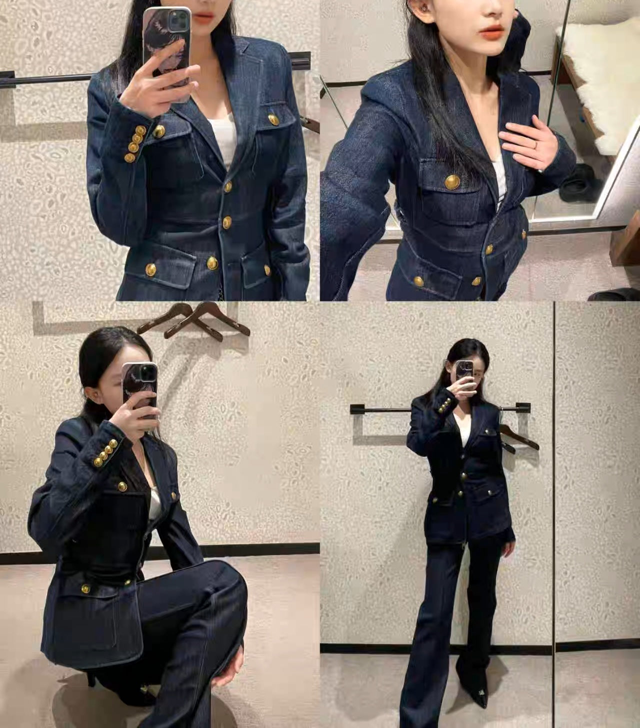 Metal Button Tweed Belted Blazer