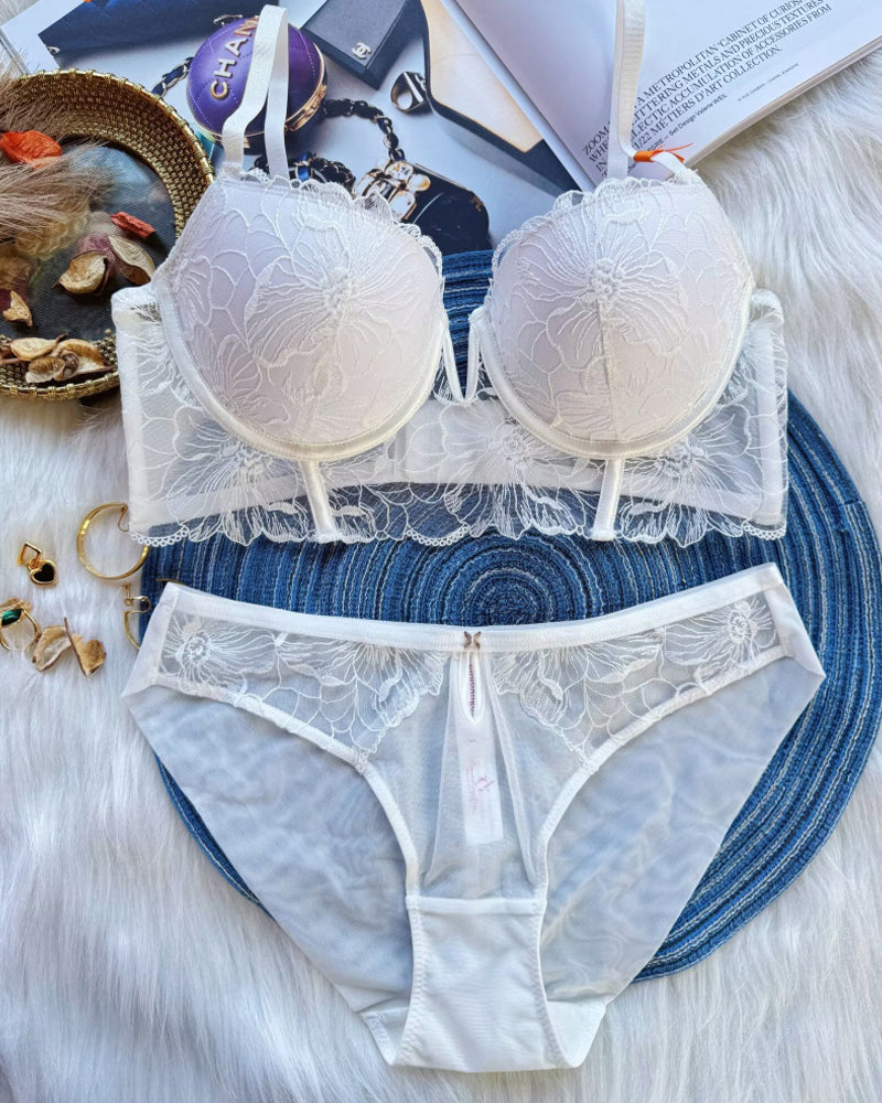 Mesh Lace Floral Embroidered Underwire Bra And Panty Set