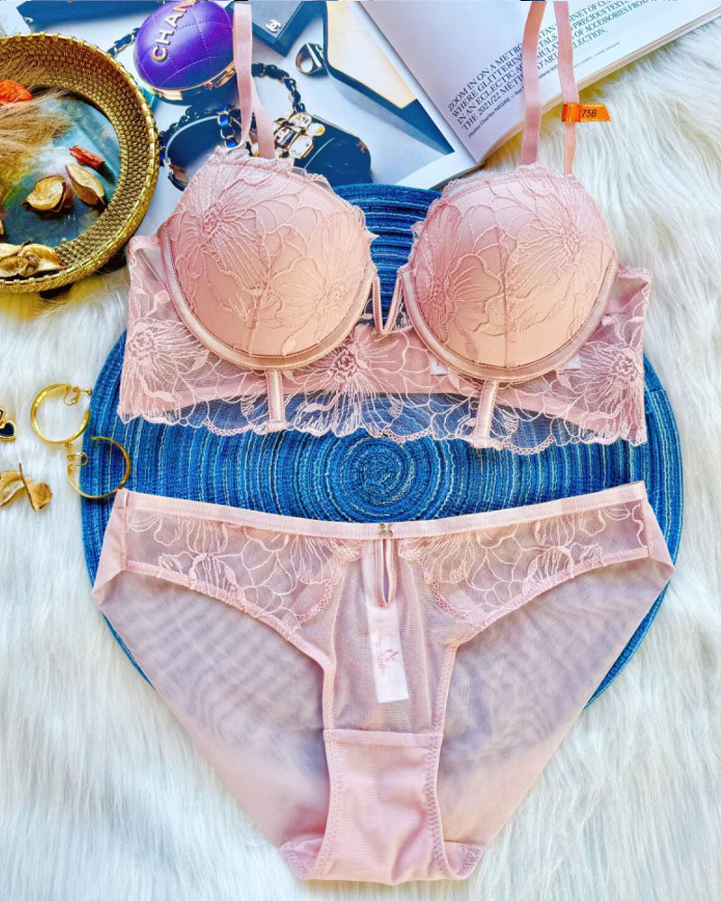 Mesh Lace Floral Embroidered Underwire Bra And Panty Set