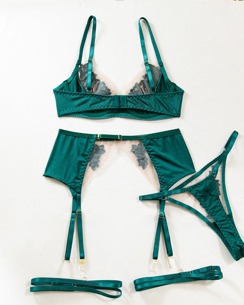 See-through Mesh Floral Embroidery Patchwork Push-up Bra and Thong Lingerie Set