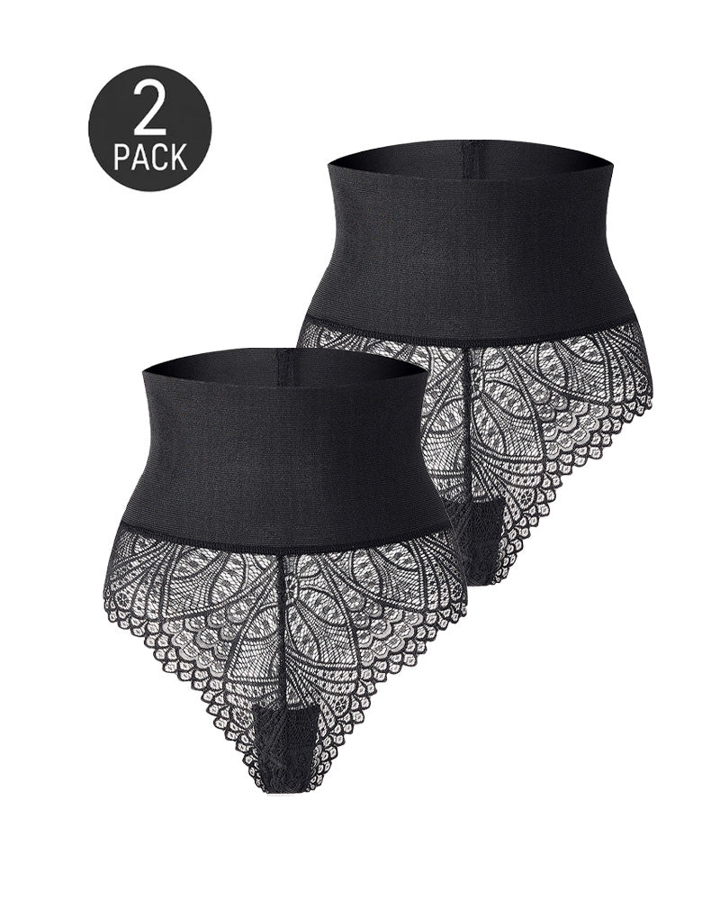 2-Pack High Waist Elastic Tummy Control Lace Hip Lift Shaping Thongs