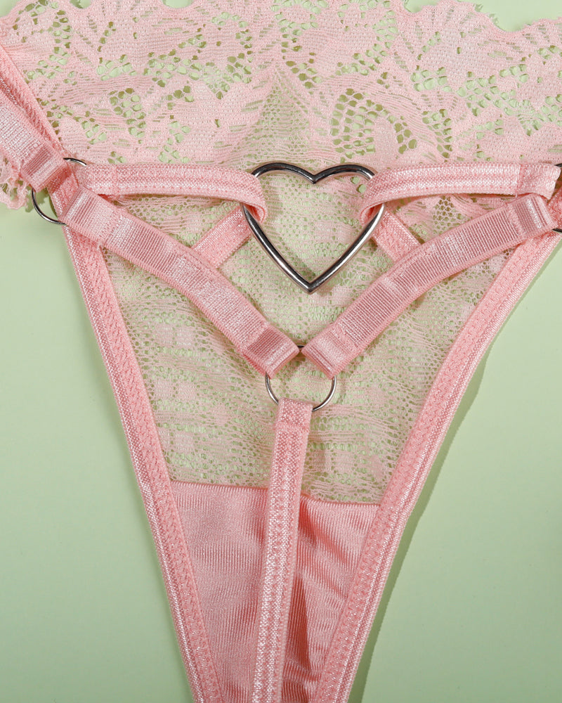 Lace See-Through Heart-Shaped Buckle Lingerie Set