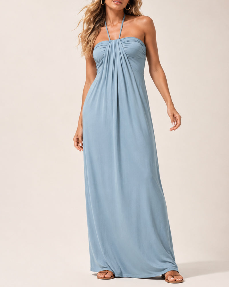 Halter Neck Backless Tie-up Long Dress with Pockets