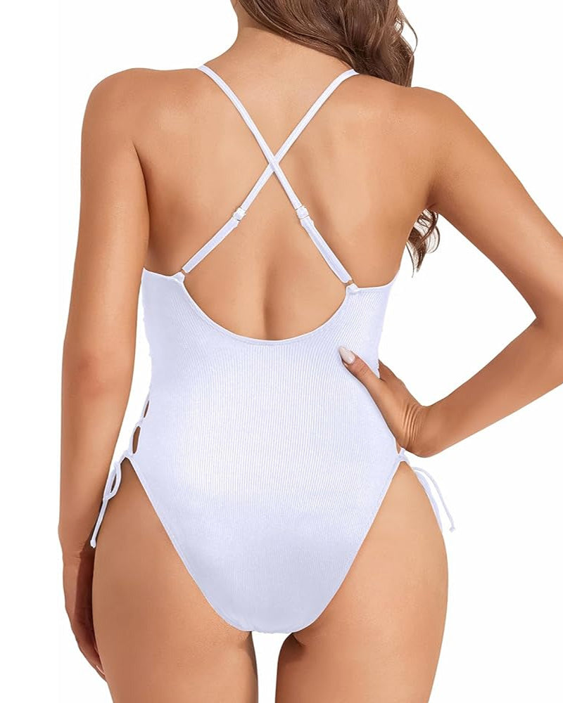 Women's Backless Deep V-Neck Cross Strap Solid Color One-Piece Swimsuit