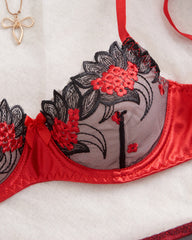 Floral Embroidery See-Through Mesh Colorblock Lingerie Set