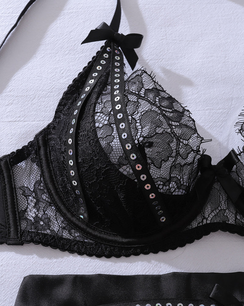 Lace Hollow See-Through Gathered Lingerie Set