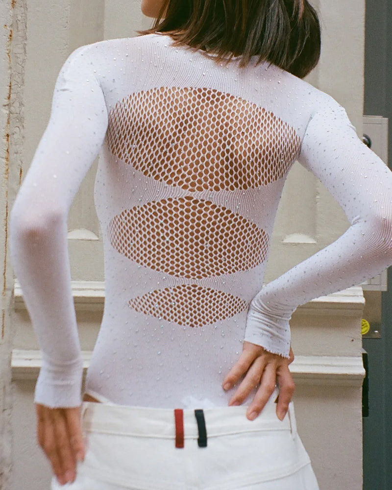 Rhinestone Stretch Fishnet Round Neck Long Sleeve Bodysuit