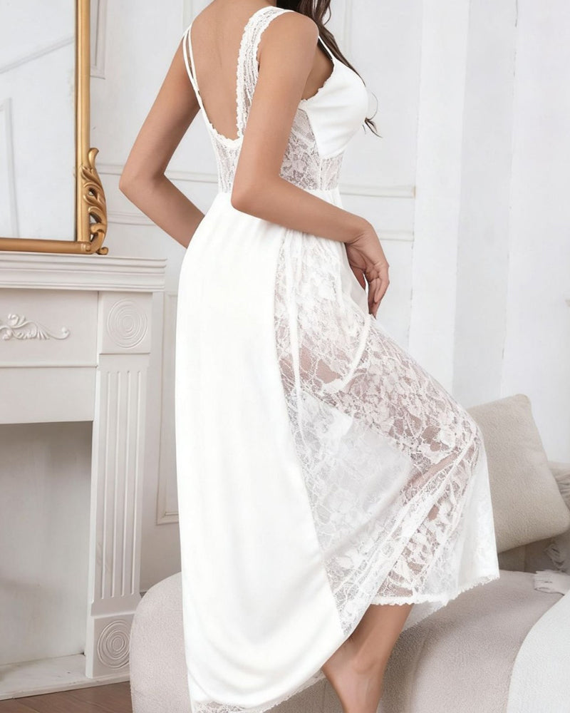 Deep V See-through Lace Patchwork Long Nightgow