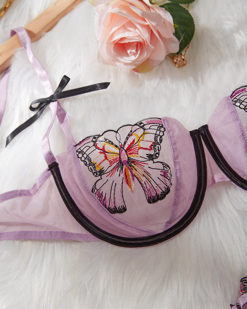 Purple Sheer Mesh Butterfly Embroidery Underwire Bra and Panty Set