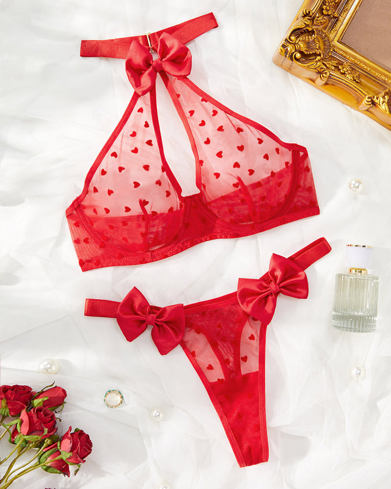 Halter-neck Heart-shaped Sheer Mesh Bowknot Decoration Lingerie Set
