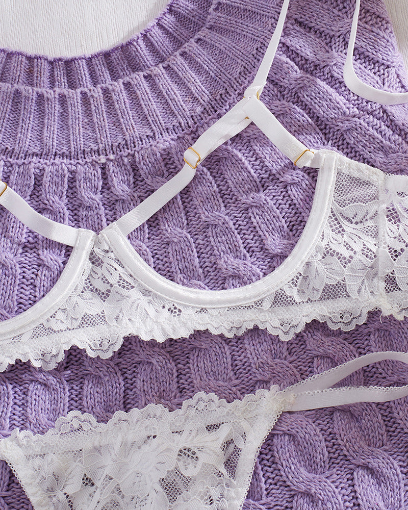 Lace Floral Openwork Bra and Thong Lingerie Set