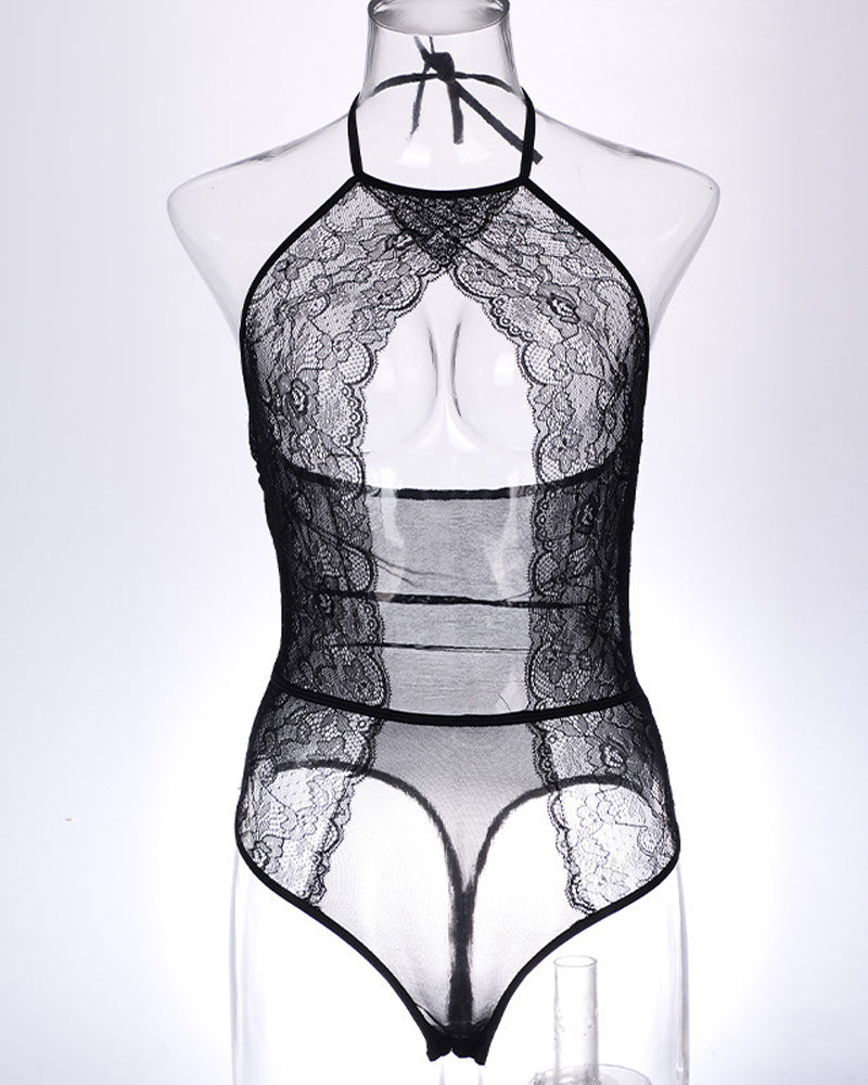 Lace Mesh Openwork Halter Bodysuit