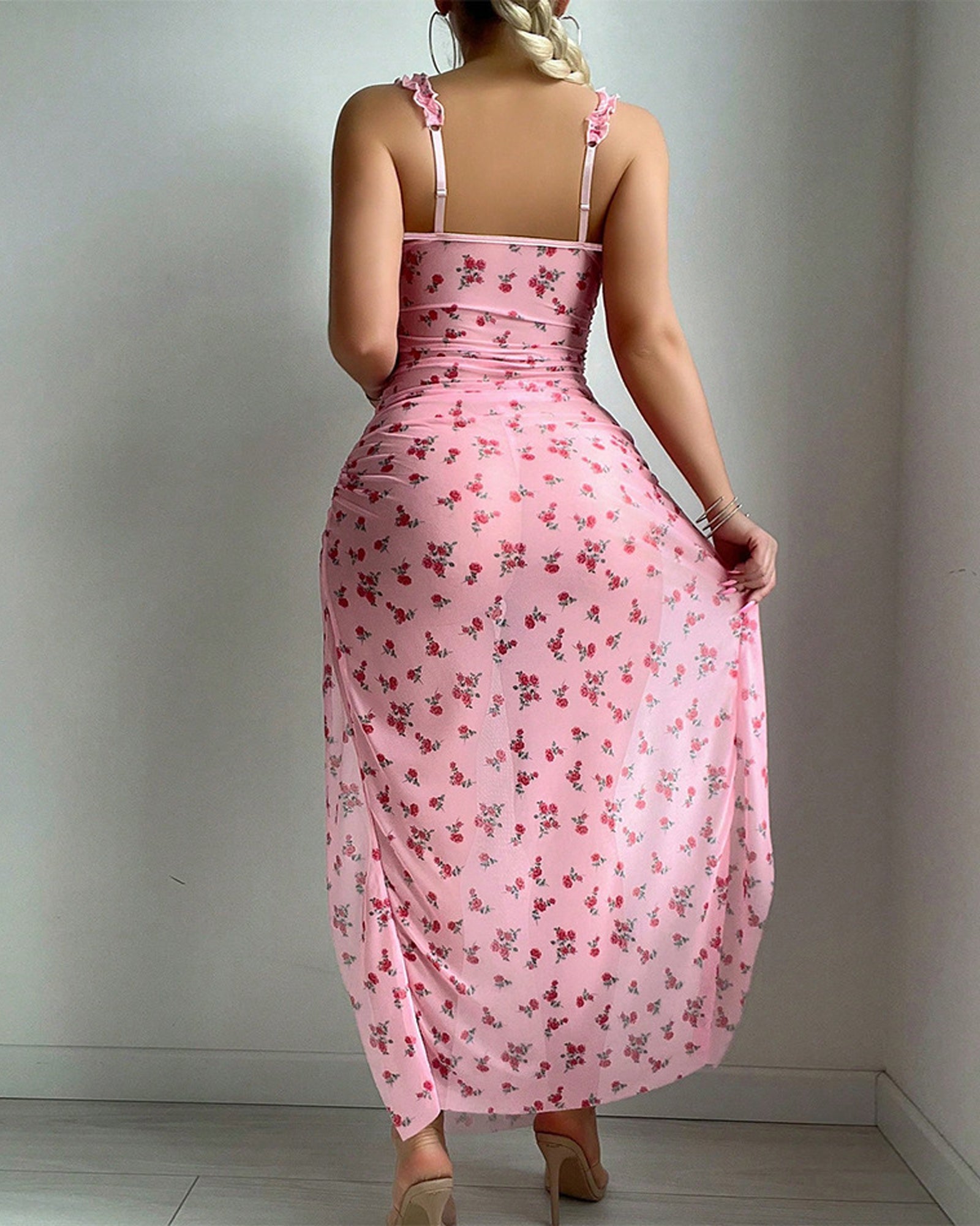 Ruffled Underwire Floral Print High Slit Long Nightgown