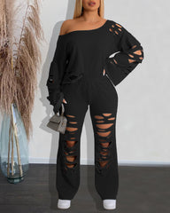 Women's Ripped Asymmetrical Neckline Pullover and Wide-leg Pants Casual Sportswear Set
