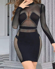 Round Neck Long Sleeve Slim Fit Hollow-out Bodycon Dress