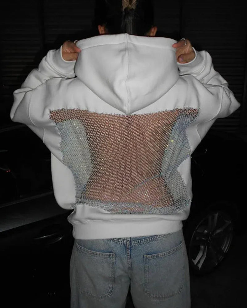 Fashion Solid Color Backless Cutout Mesh Panel Long-sleeved Hooded Sweatshirt