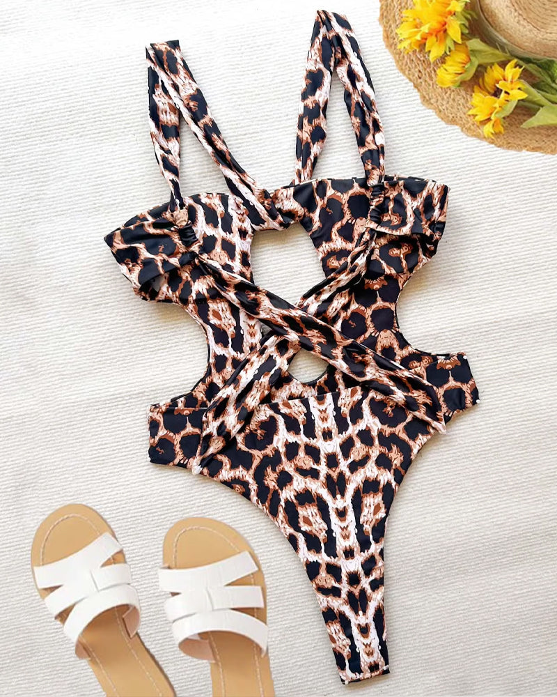 Beach Vacation Halter Neck Open-back One-piece Swimsuit