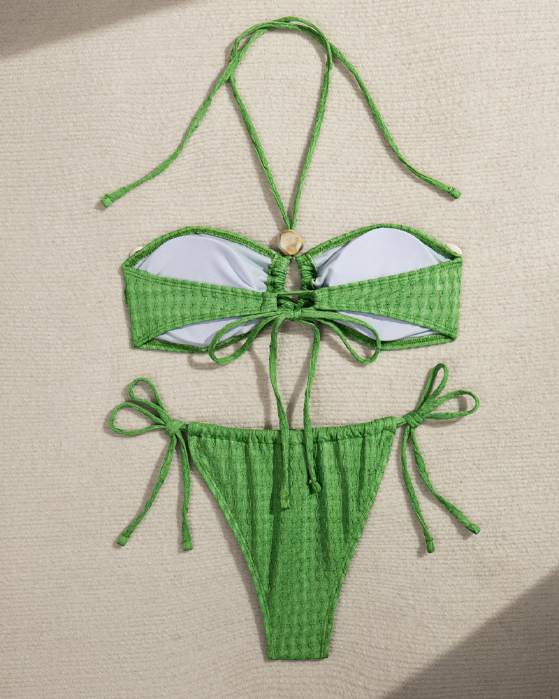 Beach Vacation Seashell Embellishments Cross-neck Halter Top Bikini Swimsuit Set