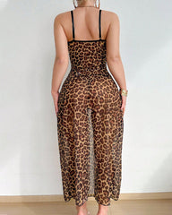 Leopard Print See-through Lace Trim Cutout Nightgown