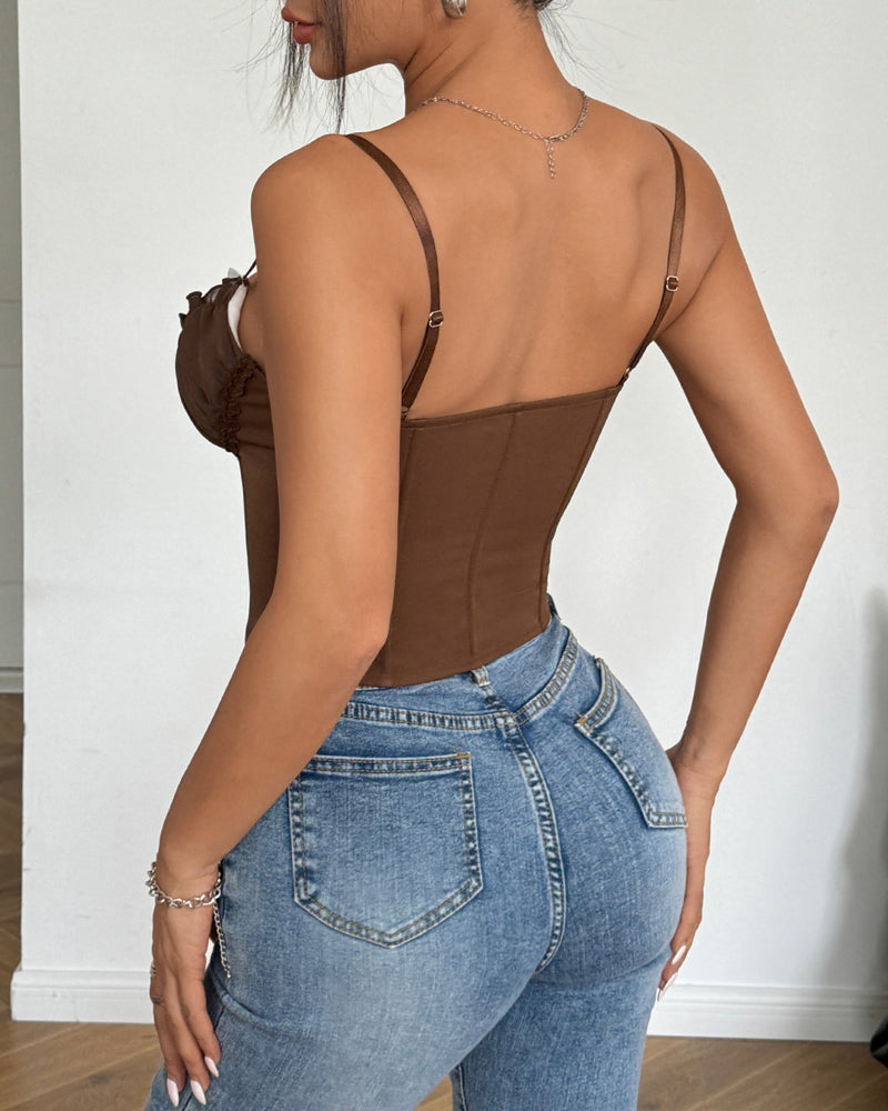 See-through Mesh Lace Patchwork Fishtail Camisole Top