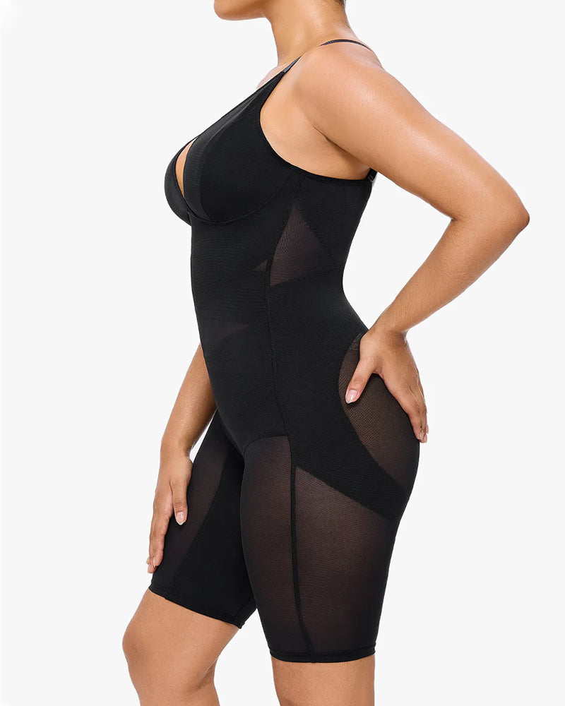 V-neck Mesh-paneled Seamless Tummy Control Hip Lift Bodysuit
