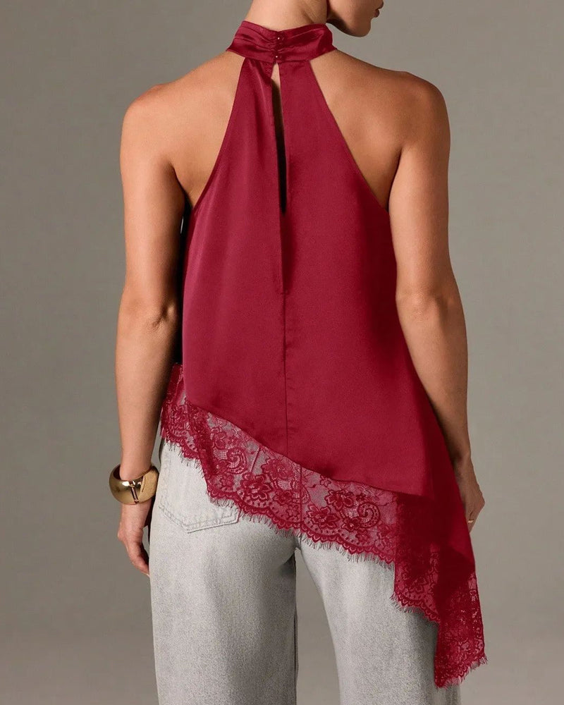 Women's Sleeveless Lace-trimmed Asymmetrical Halter Neck Satin Breathable Top