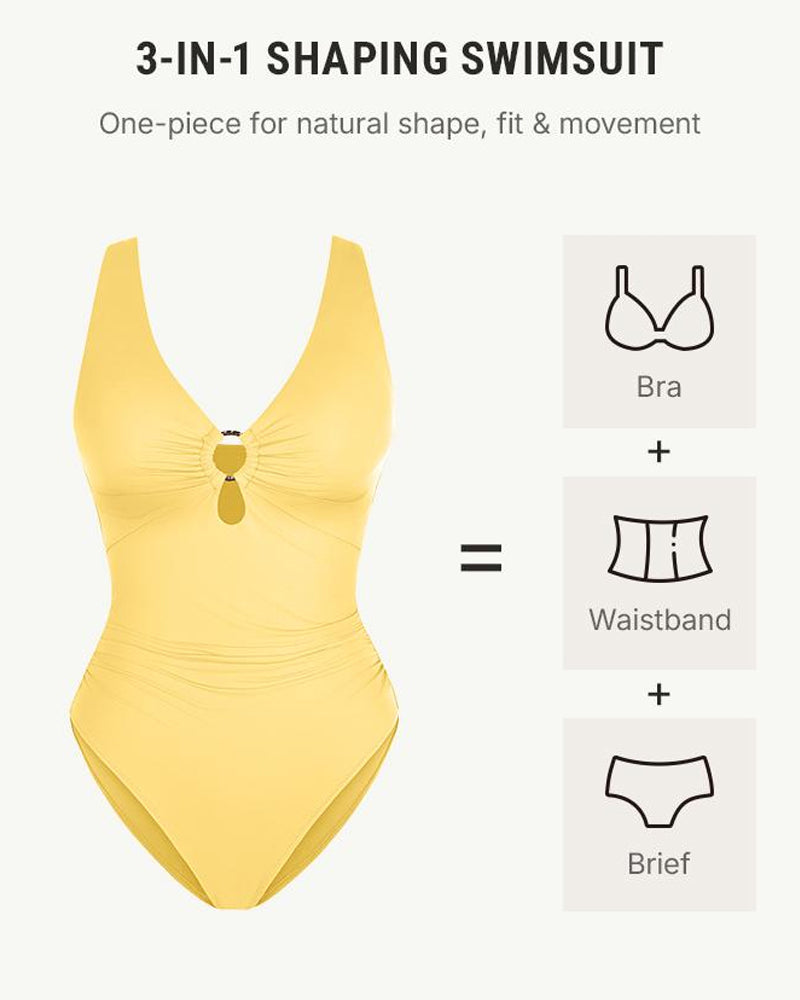 Deep V Solid Color Tummy Control Shaping One-piece Swimsuit