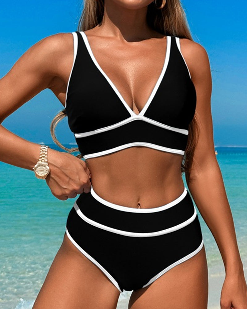 Beach Vacation V-neck Colorblock Print Two-Piece Swimsuit