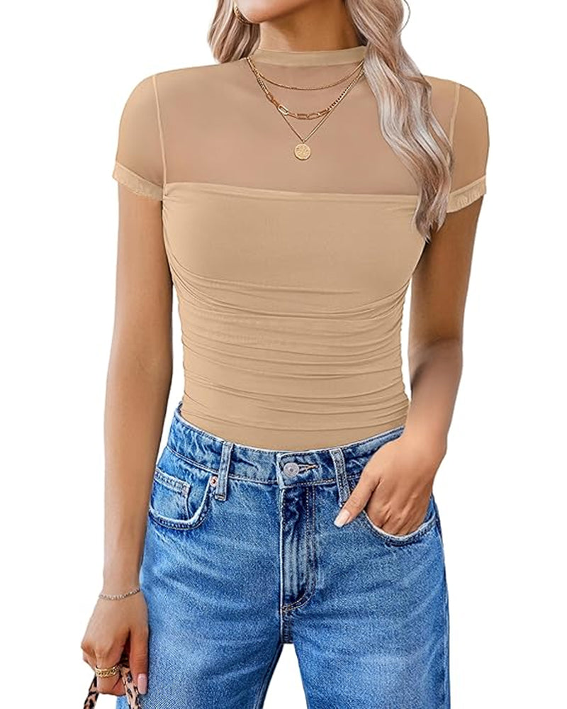 Women's High-Neck Sheer Mesh Panel Seamless Short Sleeve Bodysuit