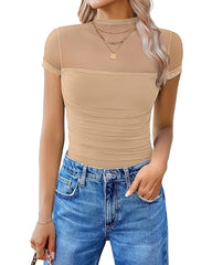 Women's High-Neck Sheer Mesh Panel Seamless Short Sleeve Bodysuit